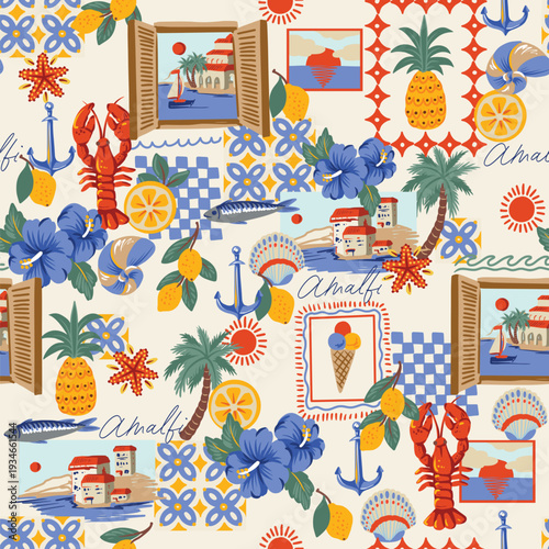 Mediterranean seamless pattern with Amalfi lemons seafood tiles summer illustration design