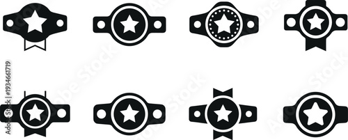 Collection of eight different black star award belt icons on a white background