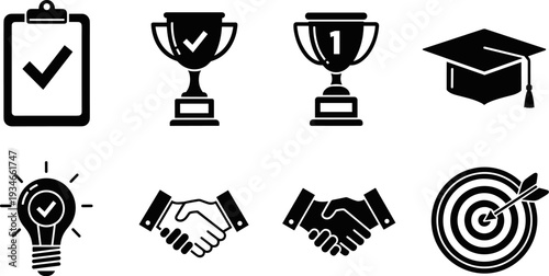 Collection of achievement and success icons including trophies, graduation cap, and target