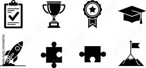 Collection of black icons representing success, achievement, and goals on a white background