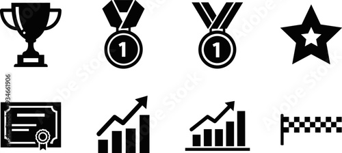 Collection of achievement and success icons including trophy, medals, star, certificate, and graphs