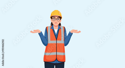 A cartoon illustration portrays a female construction worker with glasses and a hard hat shrugging with open hands against a solid light blue background.