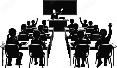 Diverse students raising hands in classroom, learning engagement and education concept, group of children and teenagers silhouettes, interactive teaching, participation, and vector illustration.