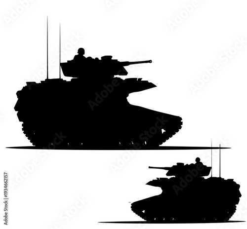 Two silhouettes of military tanks with a spotlight on them, army, army tank, illustration, profile, tank, against transparent background