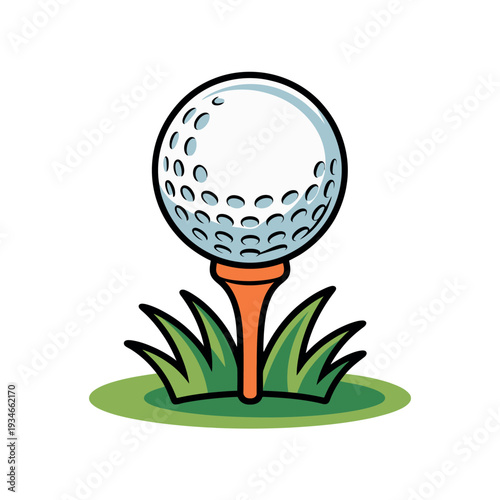 Golf ball rests upon an orange tee surrounded by green blades of grass for the sport.