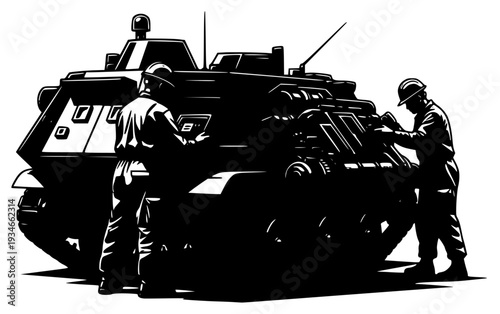 Two men in overalls and hard hats working on a large armored vehicle, army, equipment, illustration, job, man, soldier, stand, tank, turret, vehicle, against transparent background