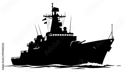 A silhouette of a large ship in the ocean, with a , battleship, black, boat, illustration, profile, sea, vessel, warship, water, against transparent background