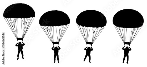 Four silhouettes of people jumping with parachutes in different positions, black, illustration, man, parachute, paratrooper, person, profile, sky, against transparent background