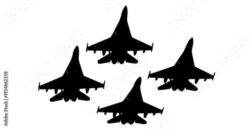 Four silhouettes of fighter jets flying in formation against a gradient background, army, cloudy, fighter jet, fly, formation, jet, plane, sea, sky, against transparent background