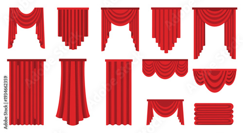 Eleven distinct red curtain designs, including drapes, valances, and folded panels, are displayed in a grid against a clean white background.