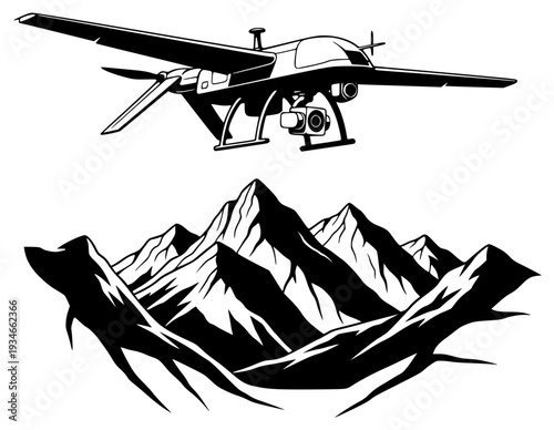 lustration of a drone flying over a mountainous landscape, biplane, black, drone, fly, illustration, image, mountain, mountain landscape, plane, profile, propeller, sky, against transparent background