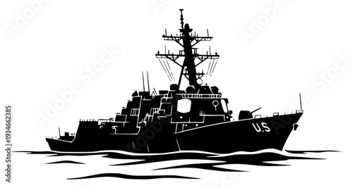 A silhouette of a navy ship on a , battleship, boat, illustration, profile, sail, sea, vessel, warship, water, against transparent background