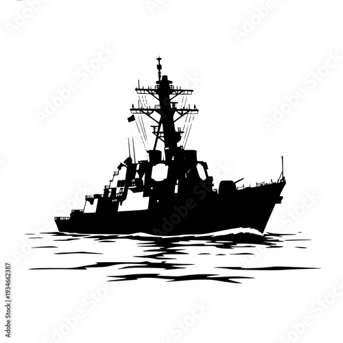 A silhouette of a military ship in the water, battleship, black, boat, calm, float, profile, sail, sea, vessel, warship, water, against transparent background