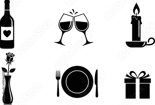Romantic dinner icons: wine, rose, candle, gift, and place setting for celebration