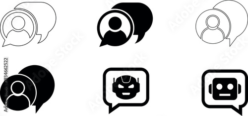 Chatbot and user communication outline icon set for support service solid black vector isolated on transparent background