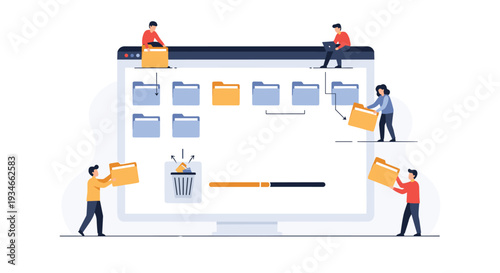 Five small, stylized figures are actively managing digital files and folders on a large computer monitor with a visible progress bar.