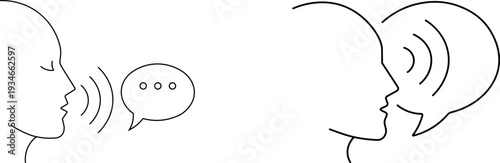 Communication outline icon set with speaking heads and speech bubbles vector isolated on transparent background