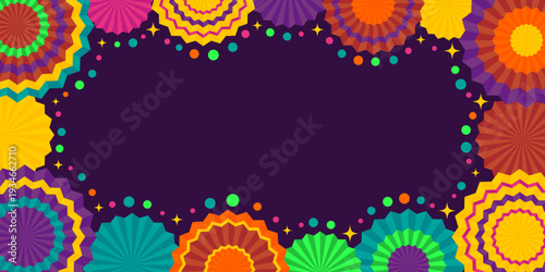 Festive banner with colorful paper fans and confetti on dark background, vector illustration with copy space
