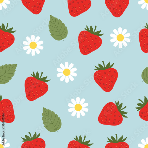 Strawberry pattern with white flowers and green leaves on blue background