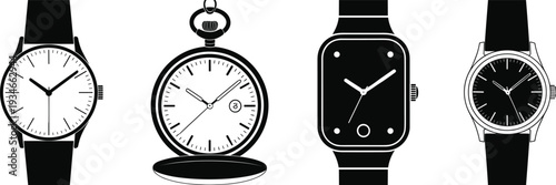 Collection of classic and modern watch silhouettes, wristwatch and pocket watch icons set, smart watch vector illustration, isolated time symbols