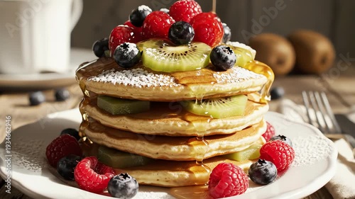 Stack of pancakes with berries and kiwi on white plate overhead view