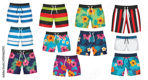 A collection of ten distinct men's swim shorts with various colorful striped and tropical floral patterns are displayed on a white background.