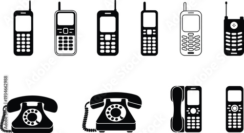 Comprehensive icon set featuring various glassware ceramic pottery vases and vintage rotary telephones alongside modern mobile cell phone silhouettes on white