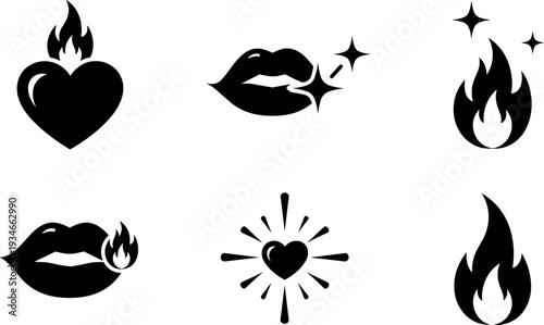 Collection of black icons representing love, passion, and desire with flames and sparkles