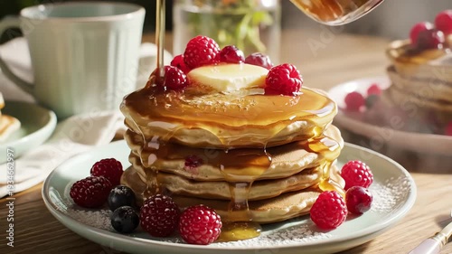 Stack of pancakes with berries and syrup food photography