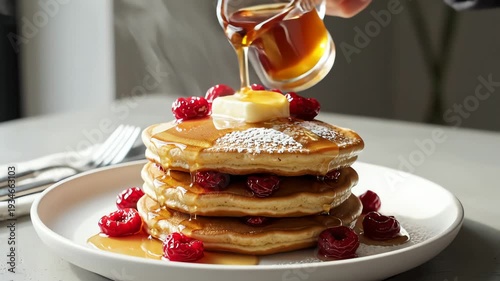 Stack of pancakes with berries and syrup on plate closeup