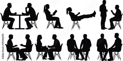 Vector Silhouettes of Business People Sitting in Chairs and Communicating in Various Poses for Office Meeting and Corporate Discussion Concepts