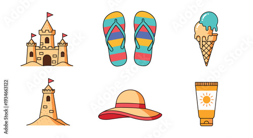 Six distinct summer and beach-themed items, including two sandcastles, colorful flip-flops, and sunscreen, are neatly arranged on a white background.