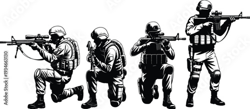 Military tactical soldiers silhouettes set with modern rifles equipment and gear in various combat poses isolated on white background vector