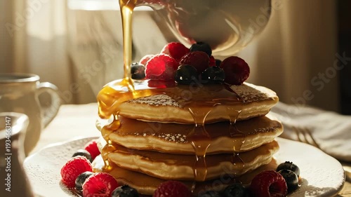 Stack of pancakes with berries and syrup