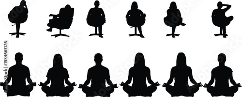 Silhouettes of Men and Women Sitting in Office Chairs and Practicing Yoga Lotus Pose for Stress Management and Mental Wellness Balance