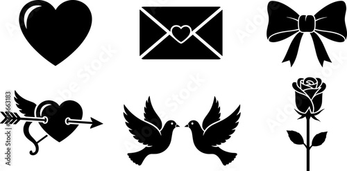 Collection of romantic symbols including hearts, doves, rose, envelope, and bow