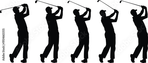 Vector silhouette set of male golfers in various swing poses holding golf clubs and wearing caps isolated on white, background