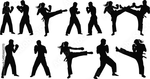 Vector silhouette set of male and female martial artists, kickboxers, and karate fighters in various combat poses isolated on white, background