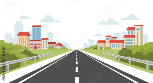 A straight asphalt road extends into the distance, flanked by green bushes and various buildings under a cloudy sky.