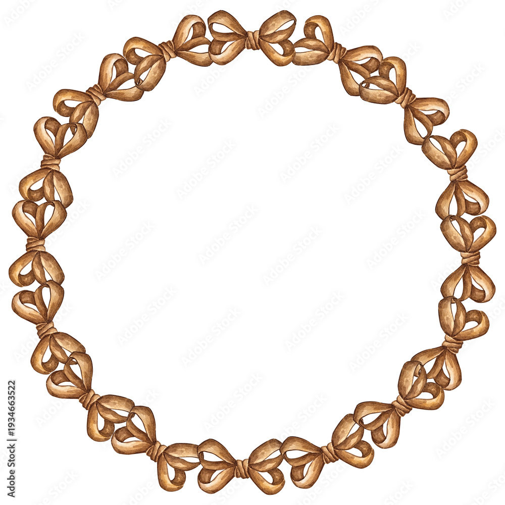 Obraz premium Watercolor illustration of a circular frame made of coquette bows. Cute hand drawn design, perfect for Valentines Day cards, invitations, posters.