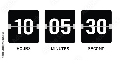 Countdown numbers flip counter vector set. flip clock or scoreboard mechanical numbers 10 hour, 05 minute, 30 second on white background.