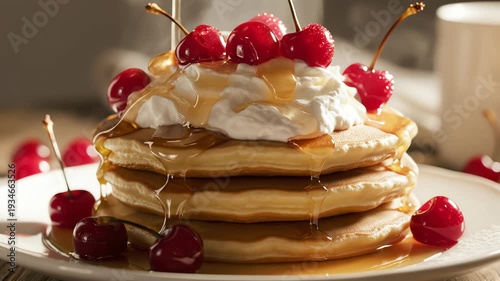 Stack of pancakes with cherries and syrup on a white plate