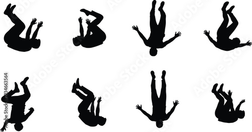 Collection of falling man silhouettes featuring various mid-air poses and floating body positions for conceptual design, action scenes, and risk metaphors