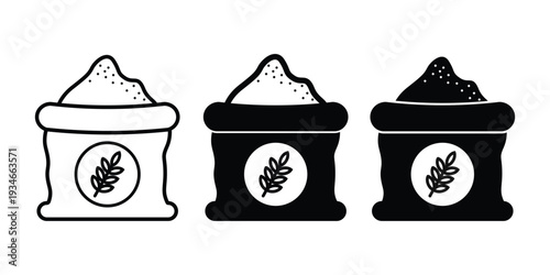 Bag of flour or grain icon with wheat stalk, in outline and solid black style. Grain Container Icon set isolated on white background.