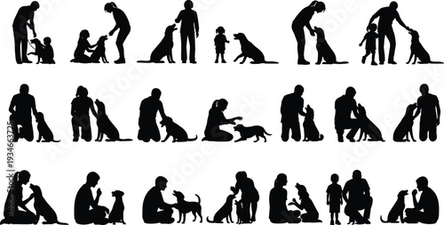 Collection of black silhouettes showing people training, playing, and sitting with dogs, including puppies, adults, children, and pet owners together.