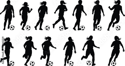 Collection, of, black, silhouettes, showing, female, soccer, players, dribbling, running, with, balls, female, athletes, playing, football, isolated, on, white, background