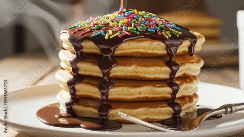 Stack of pancakes with chocolate sauce and colorful sprinkles on plate