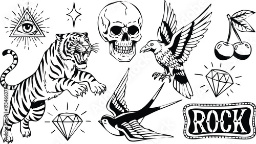 Traditional Tattoo Style Vector Elements: Tiger Skull Birds Gems Cherries All-Seeing Eye