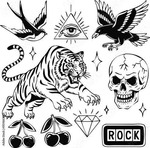 Traditional Tattoo Flash Sheet: Tiger Skull Raven Swallows Cherries Diamond All-Seeing Eye