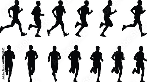 Male runner silhouette set in profile and front view, athletic man jogging sequence, fitness training movement, sports exercise action isolated.